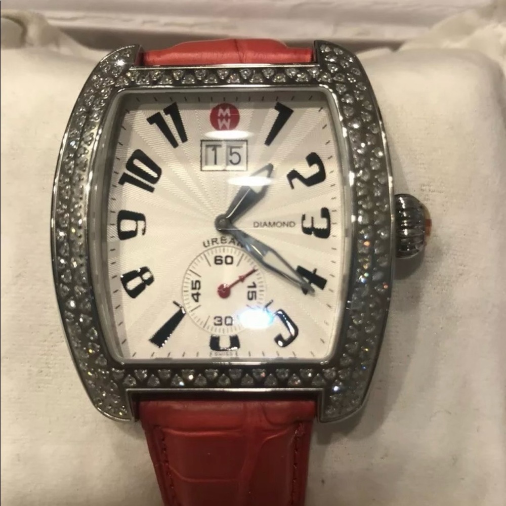 Michele Urban Mini Silver Diamond Bezel Silver Dial Steel Red Alligator Strap